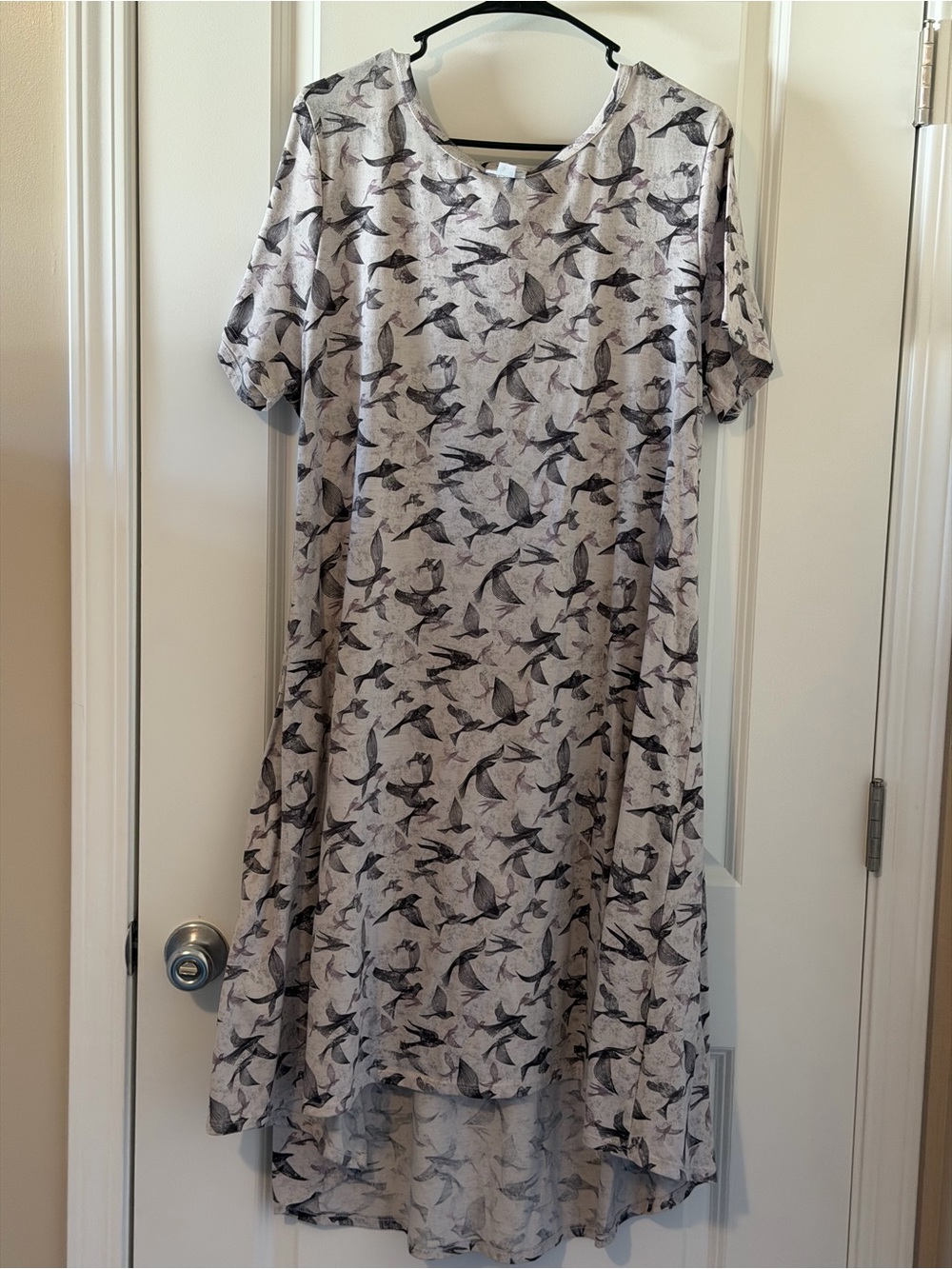 LuLaRoe Cream and Gray Bird-Print High-Low Dress